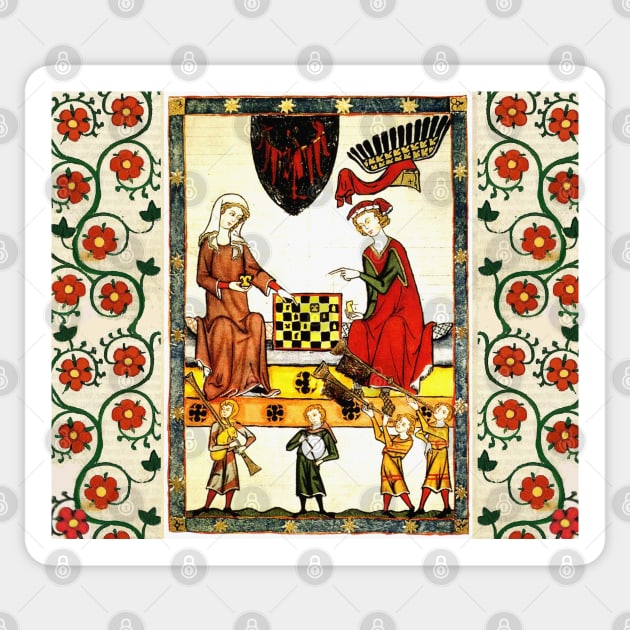 MEDIEVAL CHESS PLAYERS IN COURT WITH RED WILD ROSES Sticker by BulganLumini